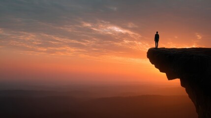 Obraz premium A man stands on a cliff overlooking a beautiful sunset. Concept of solitude and contemplation, as the man is alone on the edge of the cliff, taking in the breathtaking view