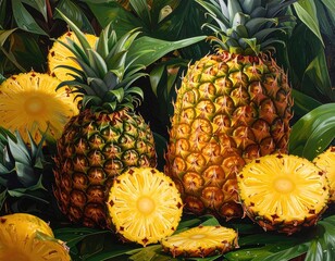 Pineapples with slices against lush green leaves backdrop
