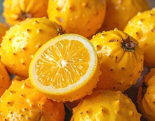 Yellow dragon fruit pile with a sliced fruit
