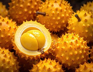 Yellow kiwano fruit with a close up view of the pulp