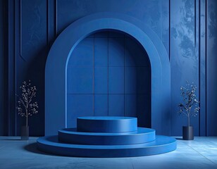 Blue stage with arched backdrop for product display