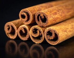 Cinnamon sticks arranged close up on a dark reflective surface