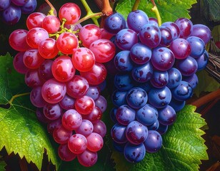 Red and purple grapes with leaves in a close-up view