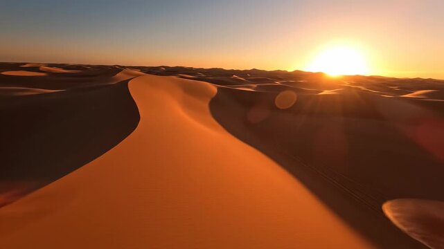 Cinematic aerial drone glide over vast smooth sand dunes at sunrise, highlighting the clean, repetitive wind patterns and the orange glow of the desert landscape travel, minimal, earth