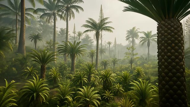 Prehistoric forest filled with giant ferns and cycads under misty sunlight. ancient nature, evolution and tropical wilderness. primeval jungle with tall palm of prehistoric Earth.