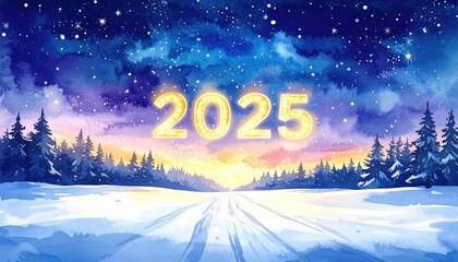 New year 2025 snowy landscape with sun and stars in winter