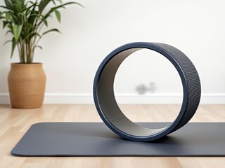 Yoga wheel and mat on wooden floor near potted plant