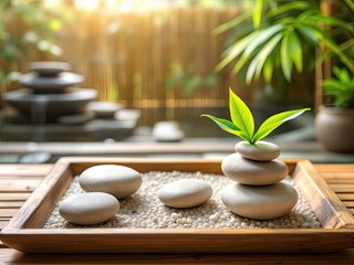Zen garden scene with balanced rocks and bamboo backdrop