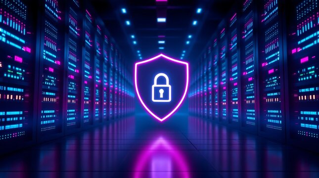 Cyber security data protection server room network security system data center it infrastructure neon shield