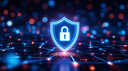 Cyber security shield padlock protection digital data network technology background illustration concept