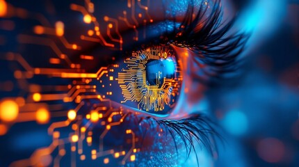 Eye with circuit board technology for ai artificial intelligence and future tech digital transformation