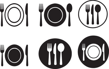 Set of six black and white icons representing place settings with plates and cutlery