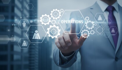 Successful young businessman using virtual touch interface with operations text button. Operations Management Business concept 