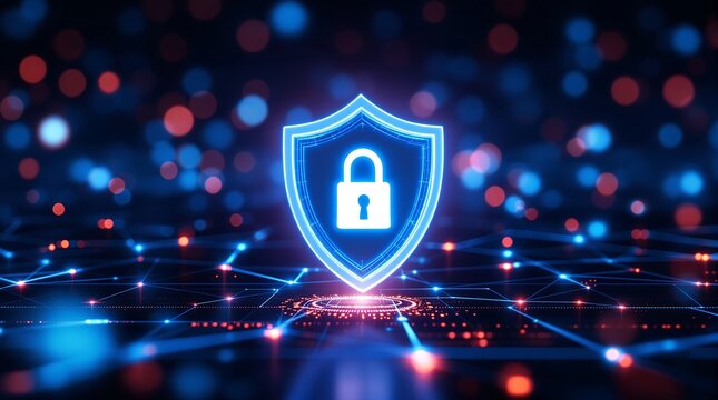 Cyber security shield padlock protection digital data network technology background illustration concept - Powered by Adobe