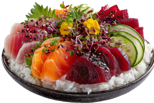 Sashimi Bowl: A visual feast featuring a meticulously arranged assortment of fresh sashimi atop a bed of perfectly cooked sushi rice.