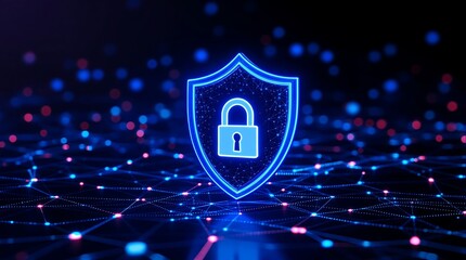 Cyber security shield with padlock for data protection and network security in digital technology era