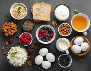 Healthy breakfast ingredients Oatmeal, bread, yogurt, berries, nuts, eggs, and more on a dark surface