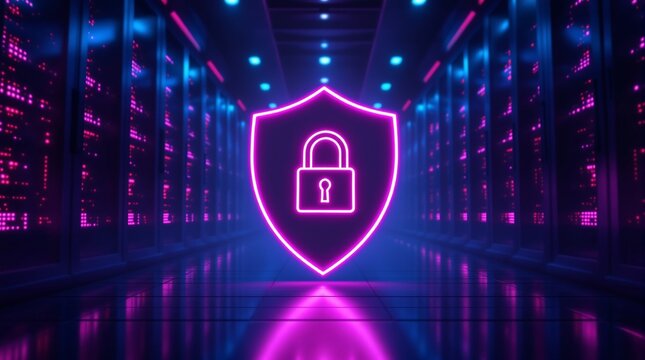 Cyber security concept with shield and padlock in neon light for data protection and privacy safety