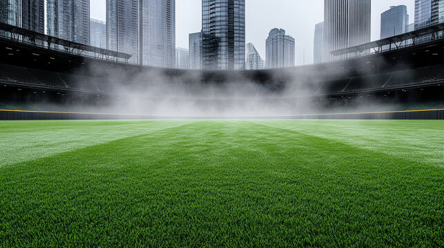 Stadium field grass fog skyline cityscape