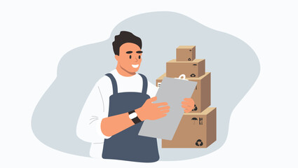 vector illustration in flat style. delivery man and stacks of boxes