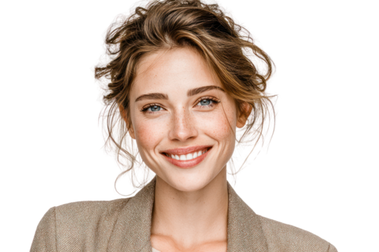 Radiant Confidence: A young woman exudes poise and charm, her warm smile and direct gaze create a sense of approachability, self-assurance, and inner contentment. 