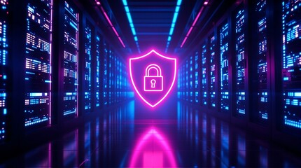 Cyber security data center server room with shield and padlock neon light for network protection concept