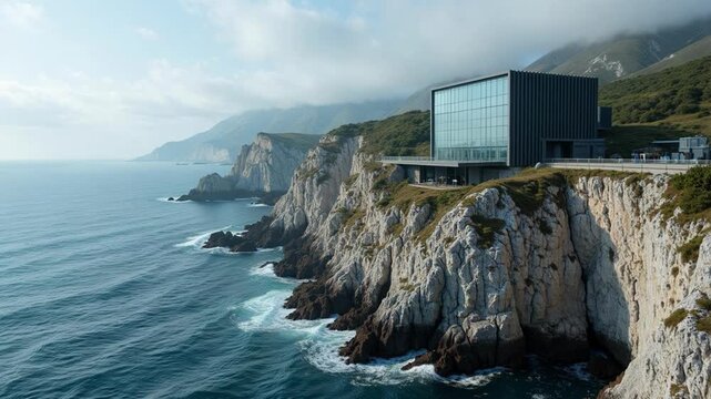 Dramatic coastal data center footage on limestone cliffs with rolling sea fog from east side in 4k - a modern, secure technology hub emerges