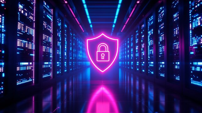Cyber security data center server room with shield and padlock neon light for network protection concept