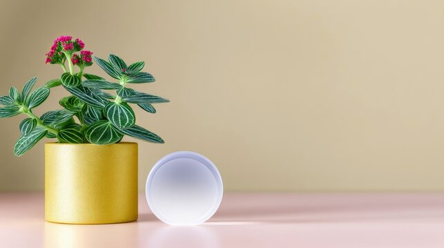 A close-up studio shot featuring a potted plant with pink flowers and a round object on a pink surface. The background is a neutral beige color. - Powered by Adobe