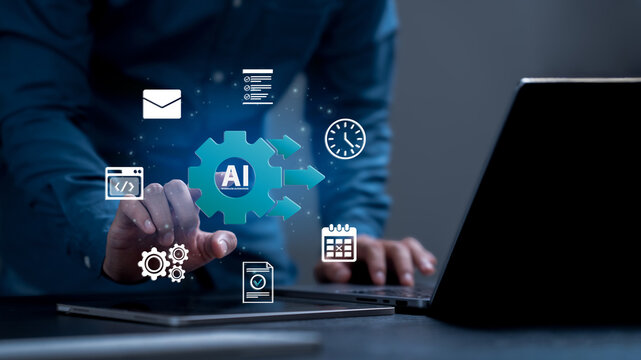 AI workflow automation and generative artificial intelligence concept. Businessman hand hold automation process chart. AI-driven efficiency, Robotics, algorithms, innovation, digital transformation. - Powered by Adobe