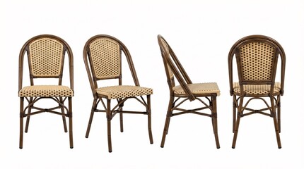 Elegant bistro chairs with woven seats are perfect for indoor dining spaces and outdoor patio settings