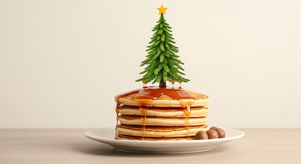 Festive stack of pancakes topped with a miniature christmas tree and drizzled with syrup