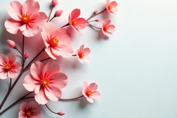 Fototapeta premium Delicate Pink Paper Flowers Arranged on a Light Blue Background, Creating a Charming and Elegant Floral Composition Perfect for Springtime Designs and Invitations