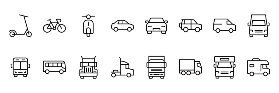 Collection of land transportation icon sets. Bicycles, motorbikes, cars and trucks. Vector illustration