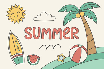 Summer text banner template with fruits ball surf palm tree and emoji