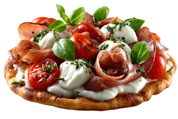 Artisanal Pizza Delight: A culinary masterpiece awaits, showcasing a gourmet pizza adorned with fresh ingredients. Featuring mozzarella, basil, tomatoes, and other flavorful elements.