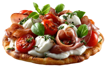 Artisanal Pizza Delight: A culinary masterpiece awaits, showcasing a gourmet pizza adorned with fresh ingredients. Featuring mozzarella, basil, tomatoes, and other flavorful elements.