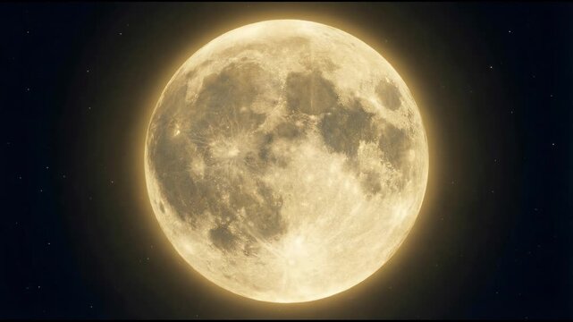 Realistic full moon glowing in the dark starry sky. Detailed lunar surface with craters and maria.  astronomy space background video. Mystery and horror halloween concept. 