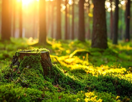 Sunny morning light filters through a forest over a mossy stump