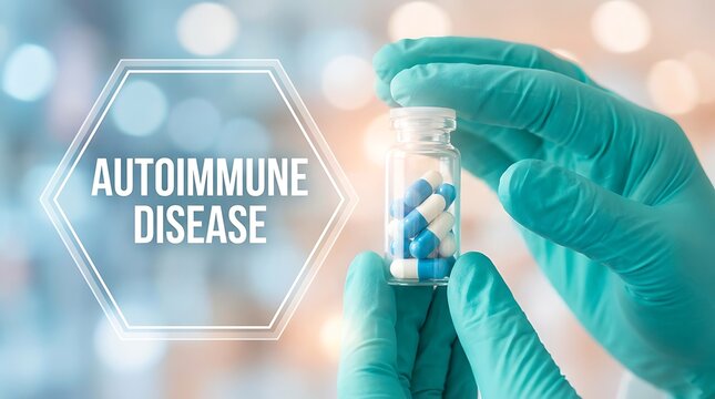 Autoimmune Diseases Research Health Care Innovation concept. Nurse using virtual touch screen presses the inscription AUTOIMMUNE DISEASE .scientist in laboratory with test tubes - Powered by Adobe
