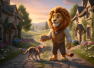 Obraz premium 3D Illustration Lion Feeding Cat Village Street Scene.