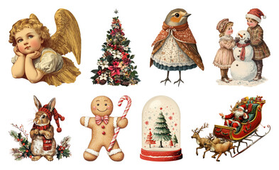 Fototapeta premium PNG Vintage Christmas festive illustrations, element set on transparent background