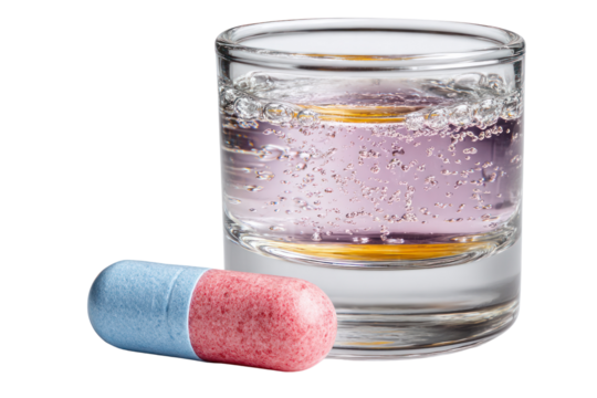 Pill and Glass of Water: A close-up shot features a vibrant pill paired with a transparent glass of water, highlighting a moment of medicine. 