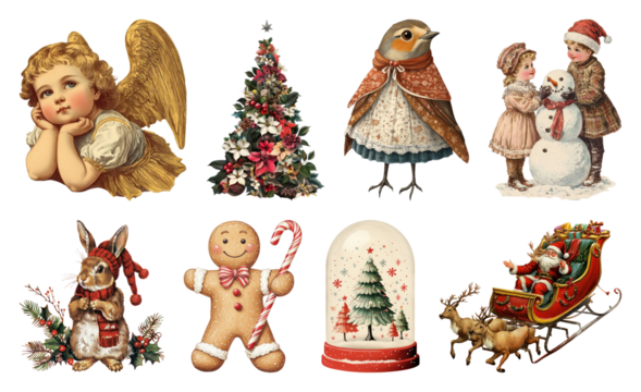PNG Vintage Christmas festive illustrations, element set on transparent background
