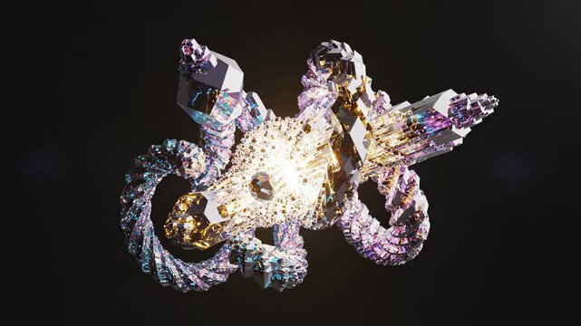 Complex crystalline geometrical structures growing and seamlessly merging into an impossible abstract shape against a pure blank black void background shape, art, grid