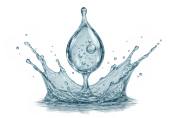 Water drop impact creating a splash crown with clear liquid bubbles on a transparent background