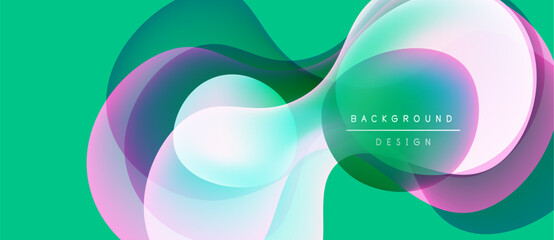 Abstract flowing shapes, vibrant colors, modern design. Turquoise background complements layered translucent forms. Minimalist aesthetic.