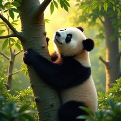 Obraz premium Giant panda clinging to a tree in a lush green forest