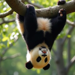 Obraz premium Adorable giant panda hanging upside down from tree branch
