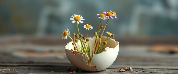 Delicate wildflowers sprout from a cracked eggshell vase, evoking fragility and rebirth, broken, bloom